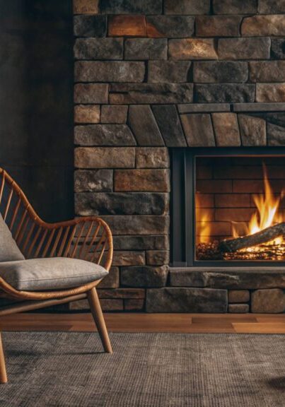 modern-room-concept-interior-style-chair-fireplace-frame-wicker-carpet-decoration-grey-stone-wal